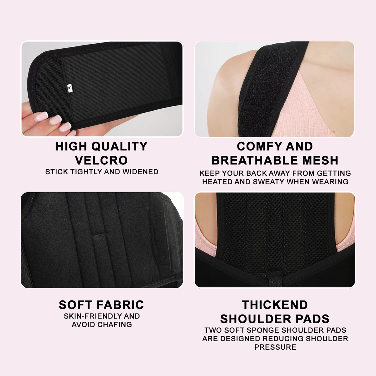 Black back support brace with features highlighted on a light pink background - Adjustable Posture Corrector - saska - saska.ae
