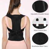 Black posture corrector worn by a person with close-up details on adjustable straps, metal support bars, and breathable mesh fabric. Adjustable Posture Corrector - saska - saska.ae 