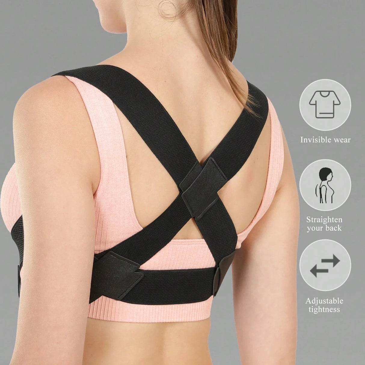 Person wearing a black posture corrector with features highlighted on a gray background - Adjustable Posture Corrector for Back & Shoulder Support - SASKA - Saska.ae