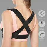 Person wearing a black posture corrector with features highlighted on a gray background - Adjustable Posture Corrector for Back & Shoulder Support - SASKA - Saska.ae