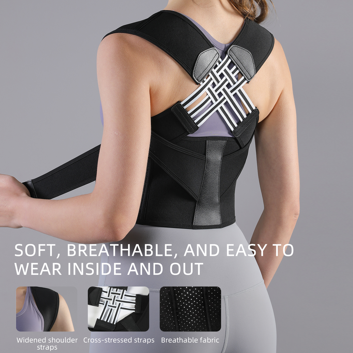 Person wearing a black posture corrector with text highlighting features on a gray background