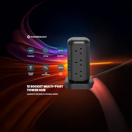 12 AC Sockets GaN Tower Hub with 3250W Rated AC Power and Surge Protection – Black by Powerology