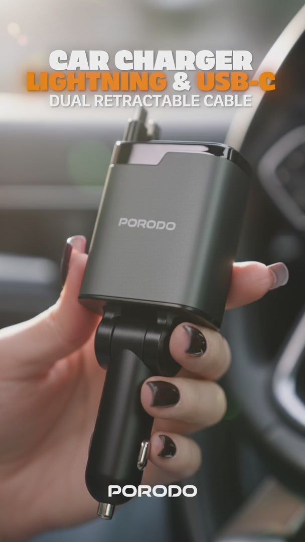 Fast Charging 111W Multi-Port Car Charger with Built-in Type-C and Lightning 80cm Retractable Cables by Porodo