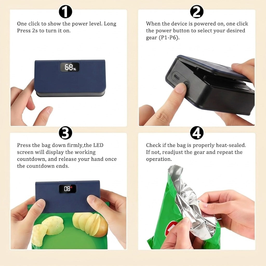 A four-step instructional graphic showing how to use a small black electronic power device to open a green bag of chips. The top text explains each step: showing power level, selecting gear, pressing the bag down to start the countdown, and checking if the bag is heat-sealed.
