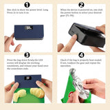 A four-step instructional graphic showing how to use a small black electronic power device to open a green bag of chips. The top text explains each step: showing power level, selecting gear, pressing the bag down to start the countdown, and checking if the bag is heat-sealed.