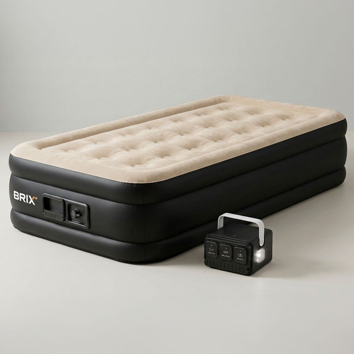 Raised Inflatable Air Mattress with Lithium Battery Pump, Removable Camping Light, Soft Flocked Top, Portable Guest Bed for Home, Travel and Outdoor Use by Brix