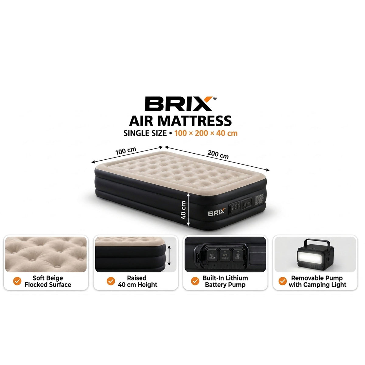 Raised Inflatable Air Mattress with Lithium Battery Pump, Removable Camping Light, Soft Flocked Top, Portable Guest Bed for Home, Travel and Outdoor Use by Brix