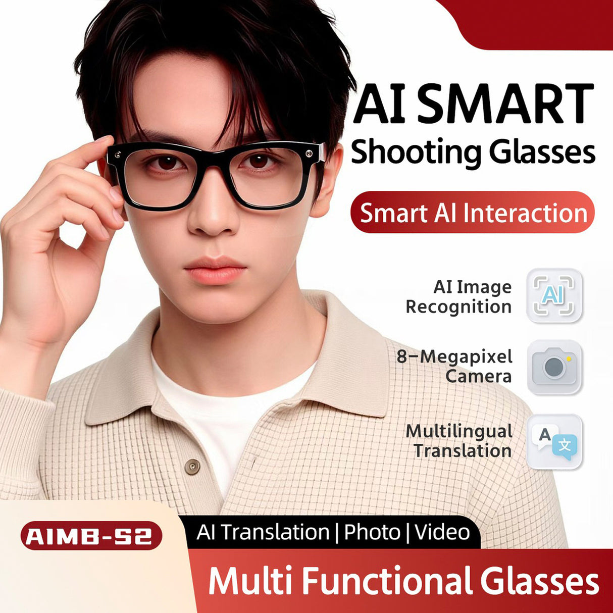 S2 Max AI Smart Glasses with HD Camera, Real-Time Translation, Bluetooth Audio & AI Voice Assistant – Multi Functional Smart Wearable Glasses by AiMB