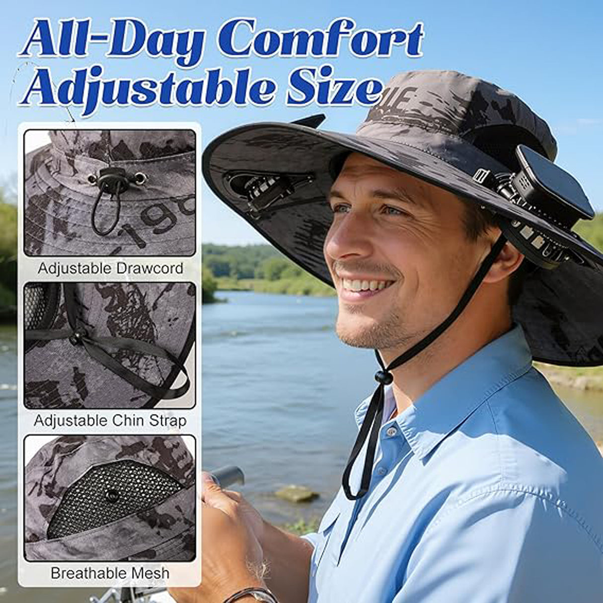 Solar Hat Fan Wide Brim Sun Hat UV Protection Fishing and Camping Hat for Hiking, Farming, Beach and Outdoor Activities