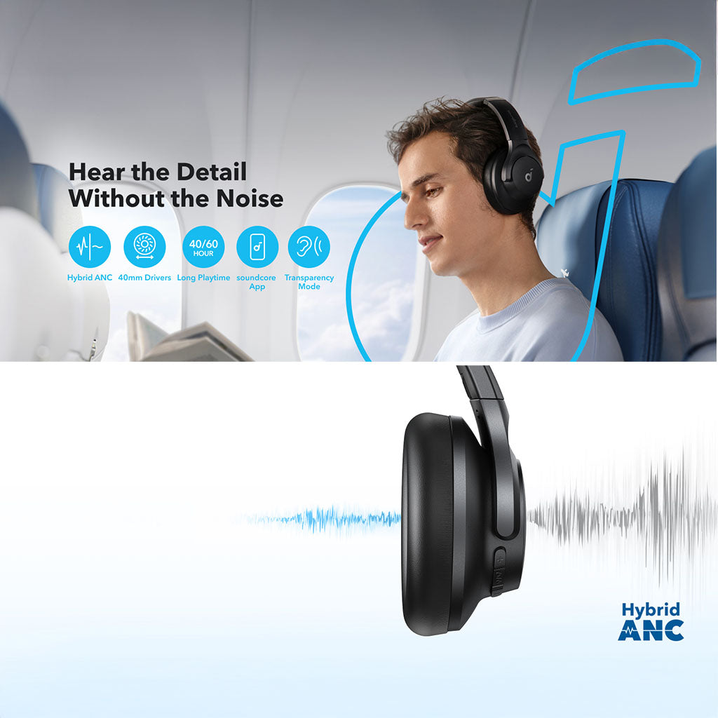 Q20i Hybrid Active Noise Cancelling Bluetooth Over-Ear Headset with 40H Playtime - Soundcore by Anker