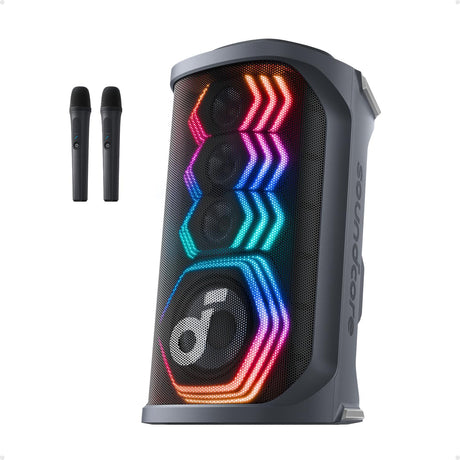 Rave 3S Wireless Bluetooth Party Speaker with  200W Sound with 2 Karaoke Microphone and LED Lighting by Soundcore  - saska- saska.ae