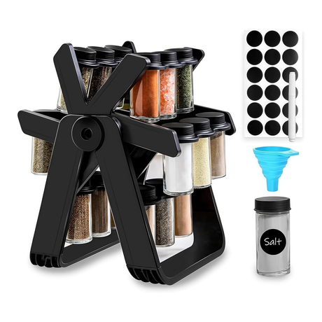 Ferris Wheel Spice Organizer Rack with 18 Glass Seasoning Jars, Labels and Funnel DX2504 by DENX - saska - saska.ae