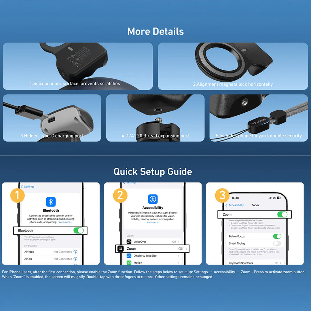 قبضة كاميرا مغناطيسية للهاتف الجيل الثاني مع ريموت لاسلكي ومقبض تثبيت سريع للهواتف الذكية من TELESIN