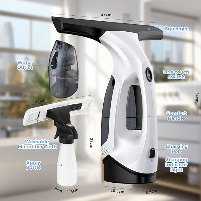 Cordless Window Vacuum Cleaner with 2200mAh Rechargeable Battery, 28cm Electric Squeegee and Spray Bottle