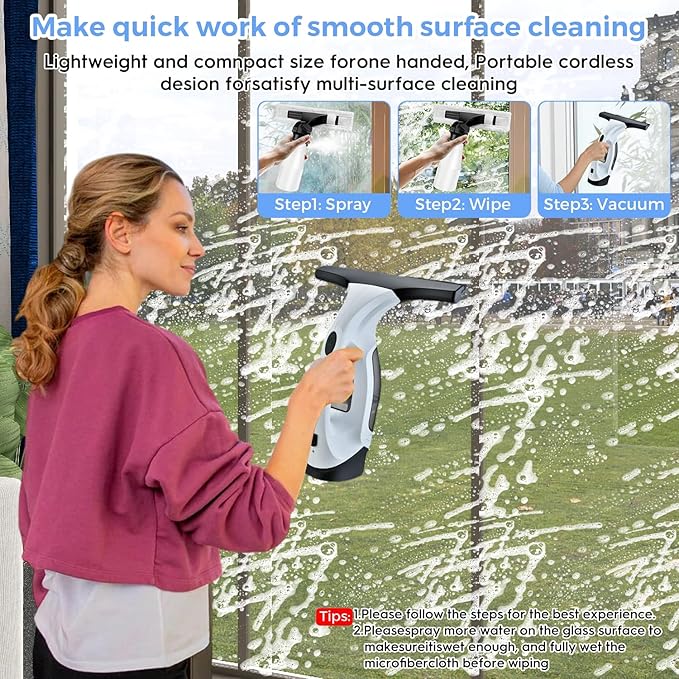 Cordless Window Vacuum Cleaner with 2200mAh Rechargeable Battery, 28cm Electric Squeegee and Spray Bottle